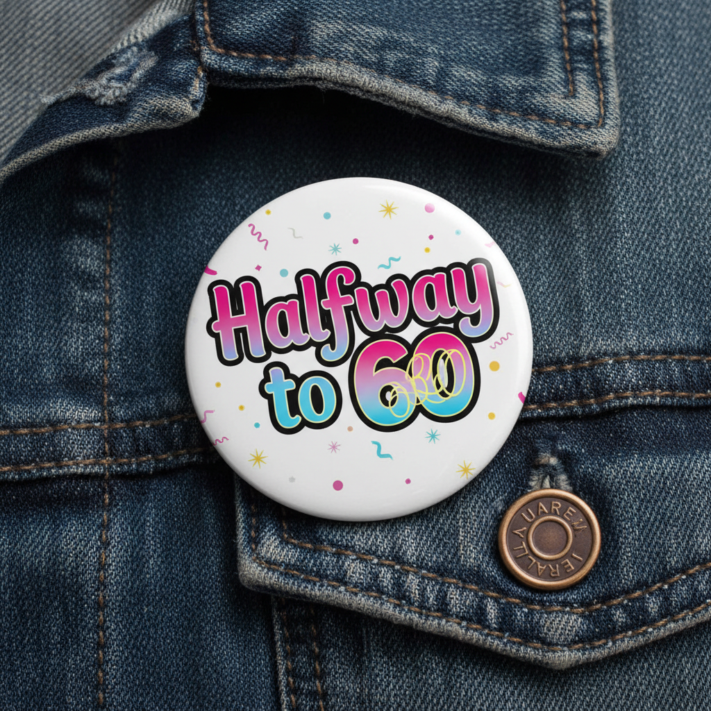2.25-inch pinback button with “Halfway to 60” text on a white confetti design