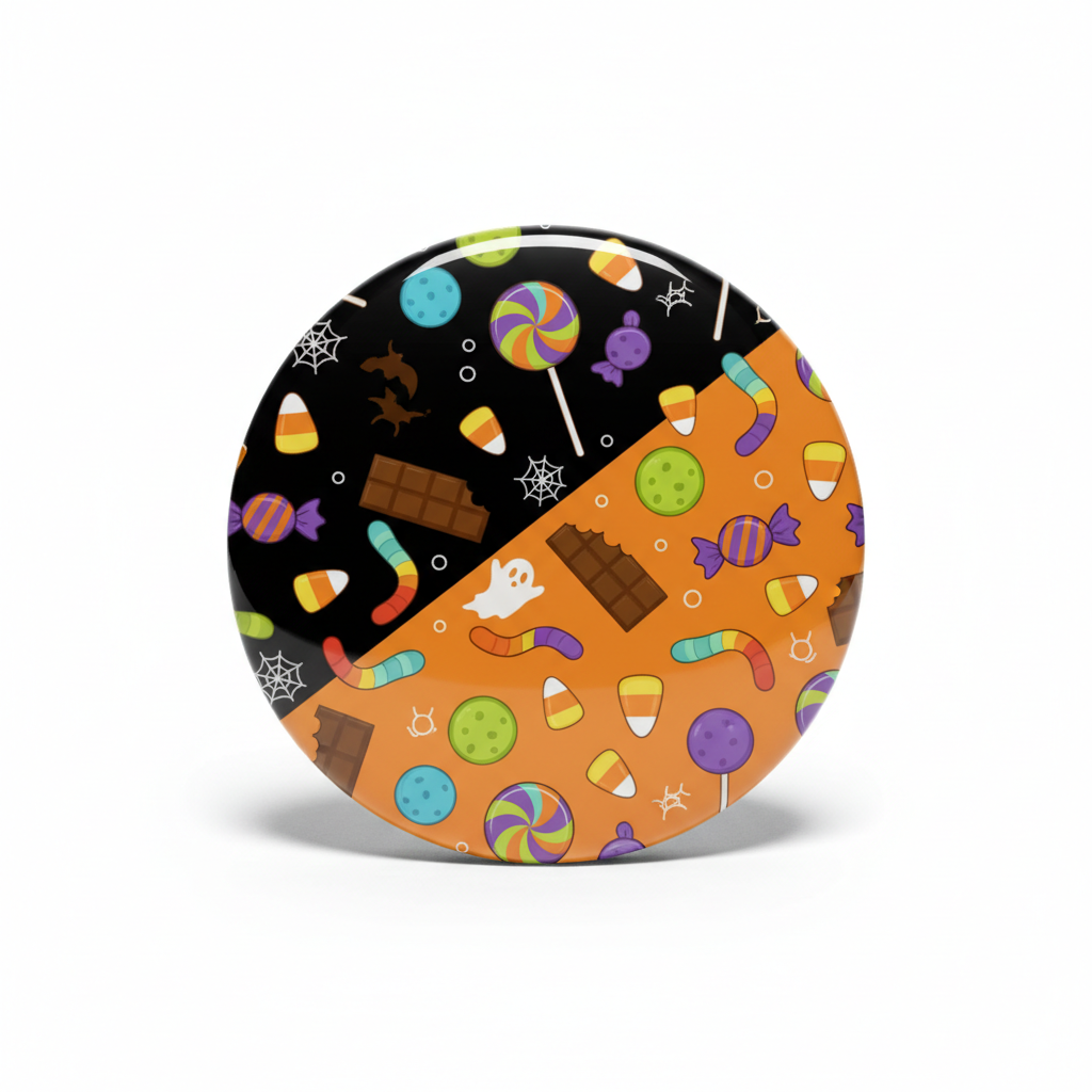 Round Halloween candy Pin Button, 2.25 in, black and orange with candy icons