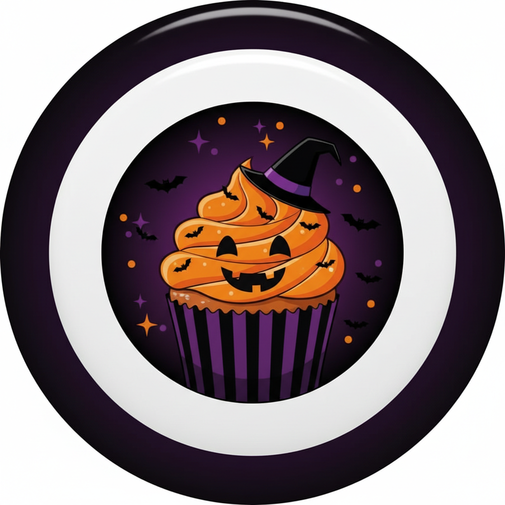 2.25-inch Halloween cupcake Pin Button with purple striped cupcake and jack-o-lantern face