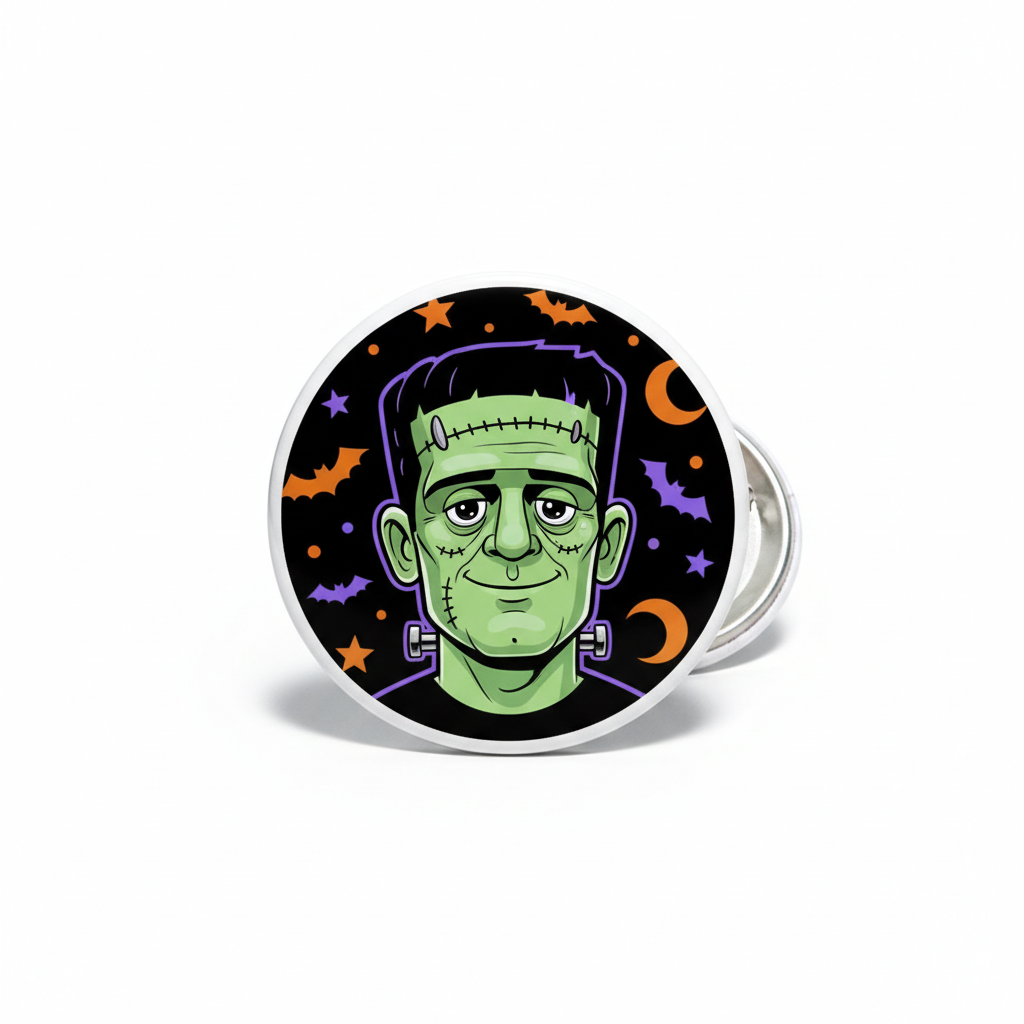 Halloween Frankenstein Pin Button badge, round 2.25-inch with green monster face