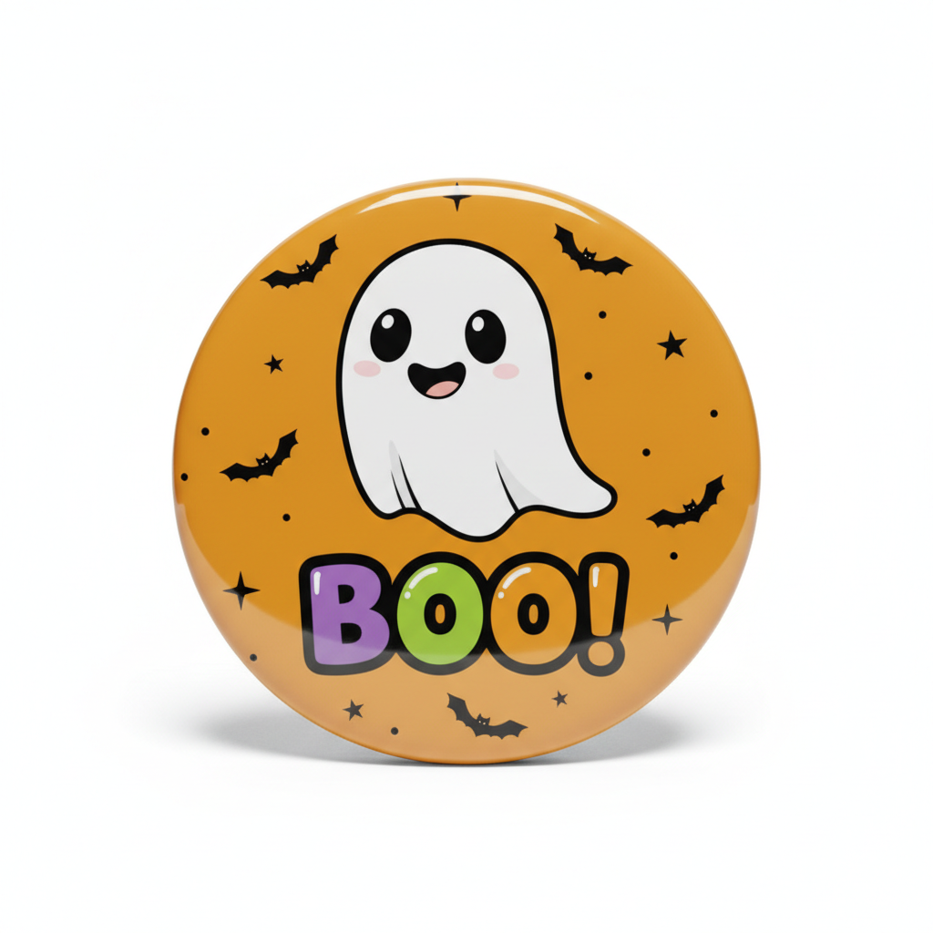 Round Halloween ghost Pin Button with cute white ghost, bats, stars, and 'BOO!'