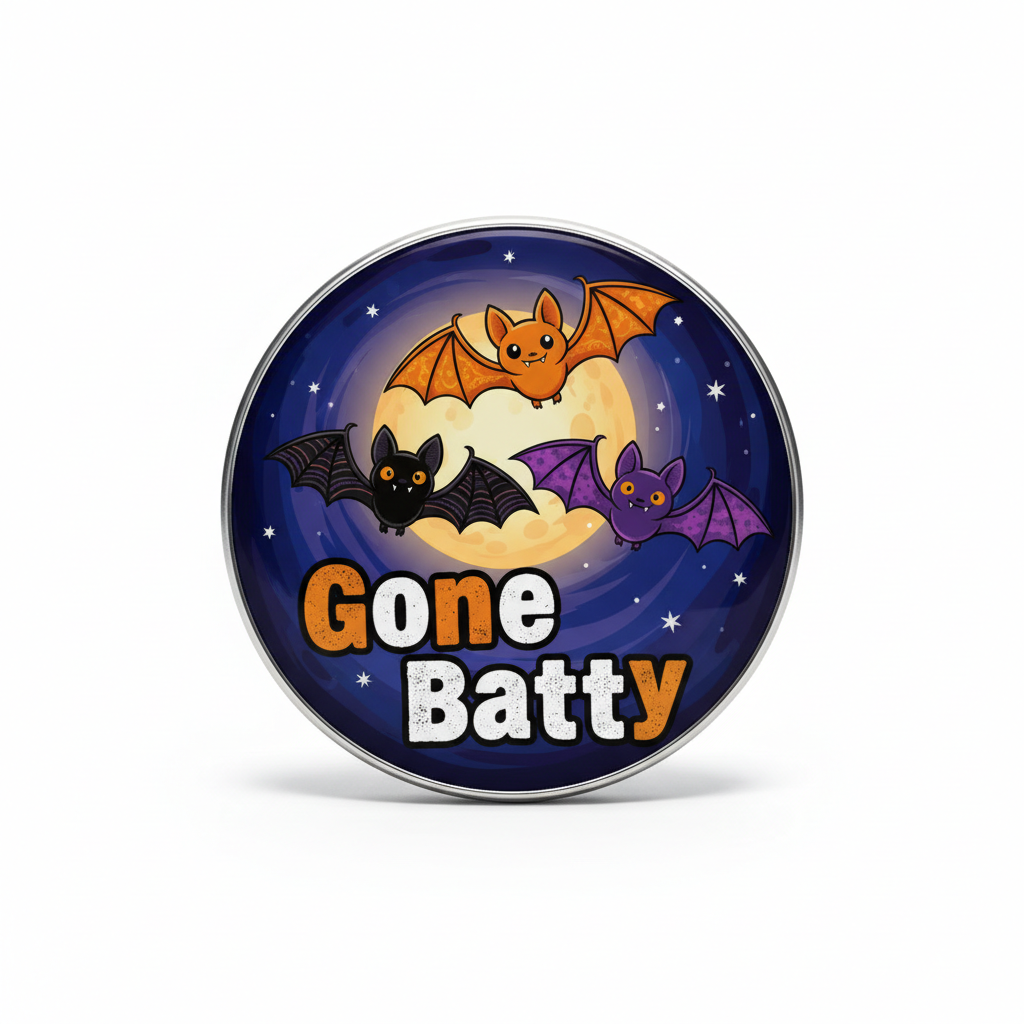 Round Pin Button with 'Gone Batty' text and colorful bat illustration