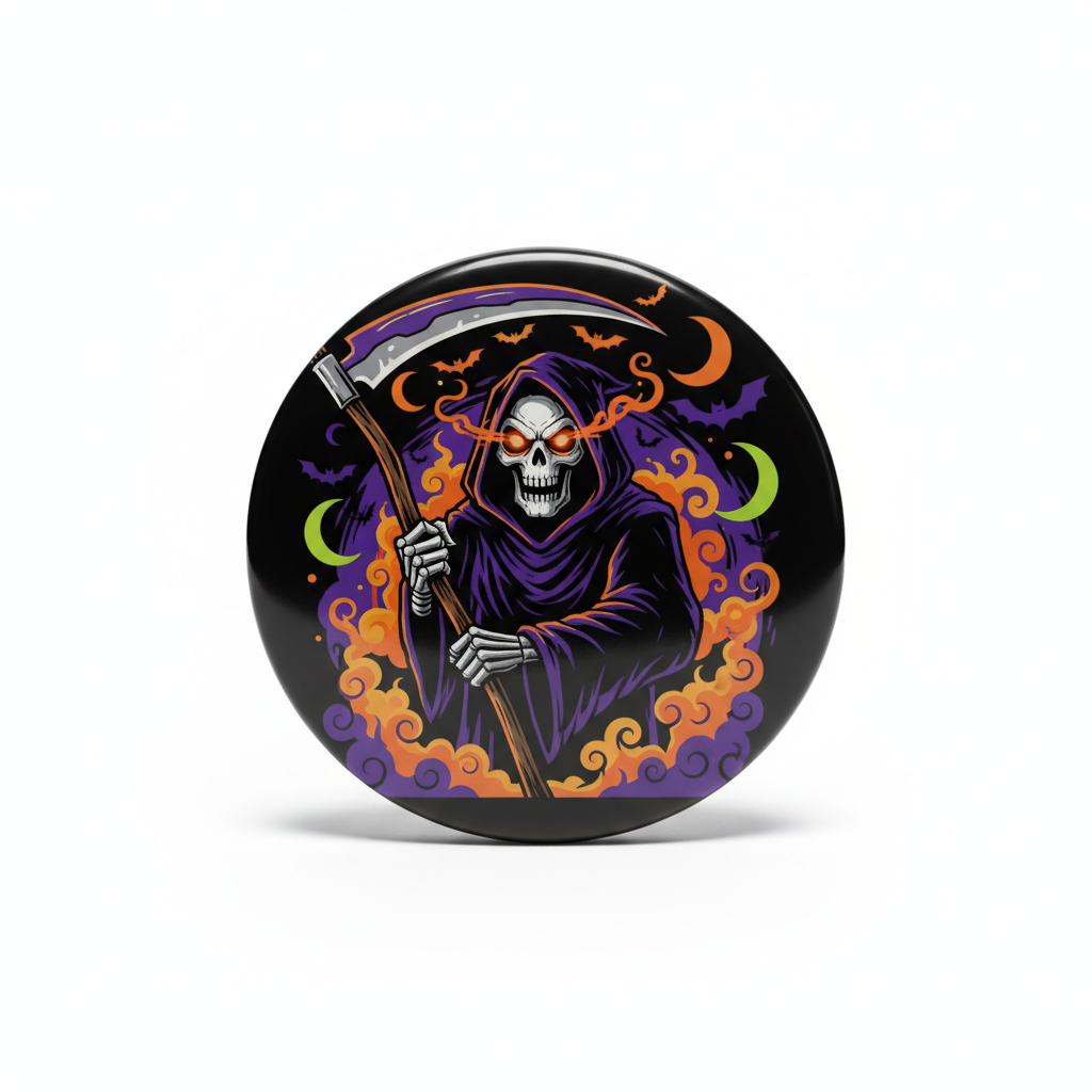 2.25-inch round Pin Button with reaper skull in purple robe and scythe graphic
