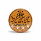 Halloween keep calm pinback button, 2.25-inch, orange with bats, pumpkins, and skulls