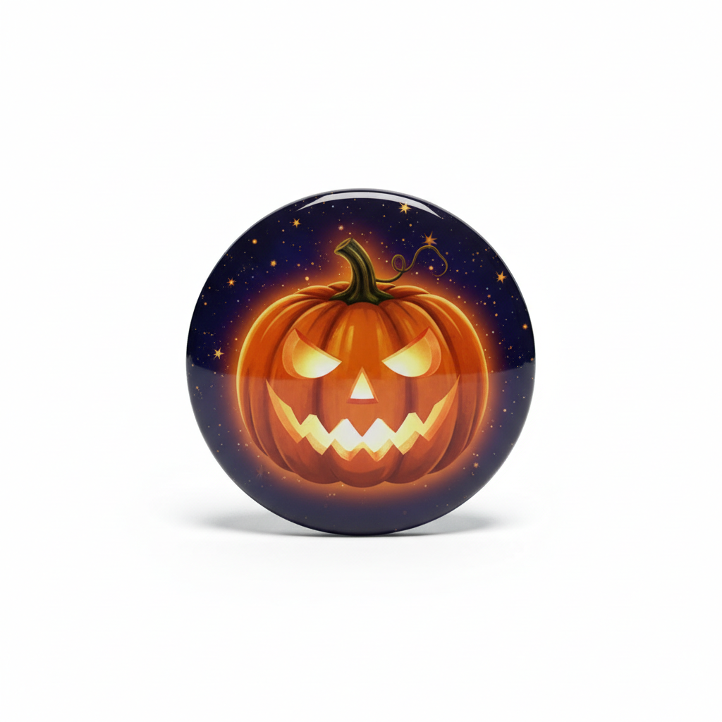 Halloween pumpkin lantern Pin Button, glowing carved jack-o'-lantern on round badge