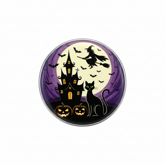 2.25-inch round Halloween scene pinback button with purple bats, witch, cat, haunted house