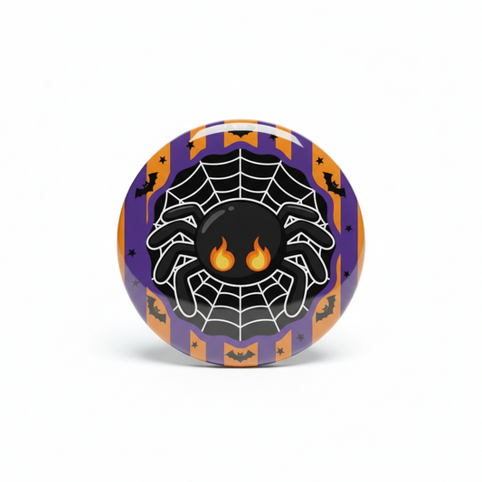 Halloween spider pinback button, 2.25-inch, round purple-orange with flaming spider and web