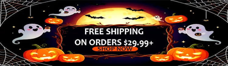 Halloween-themed promotional banner with ghosts, pumpkins, bats, a full moon, and spiderwebs around the edges. Large text reads 'FREE SHIPPING ON ORDERS $29.99 - MYPINBACKS.COM