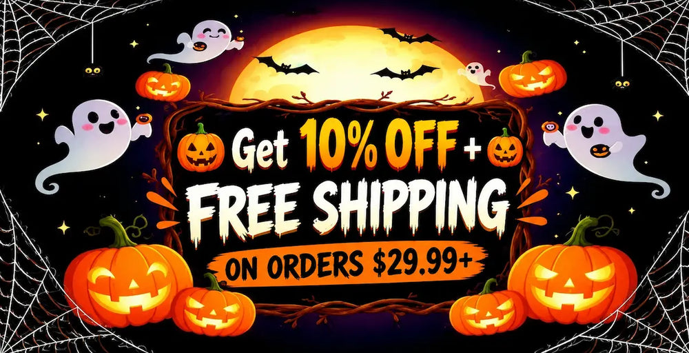Halloween promotional banner with jack-o'-lanterns, ghosts, bats, a full moon, spiderwebs, and large text reading 'Get 10% OFF + FREE SHIPPING ON ORDERS $29.99+'.