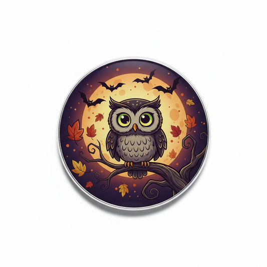 Halloween owl pinback button, circular purple design with green eyes and bat accents