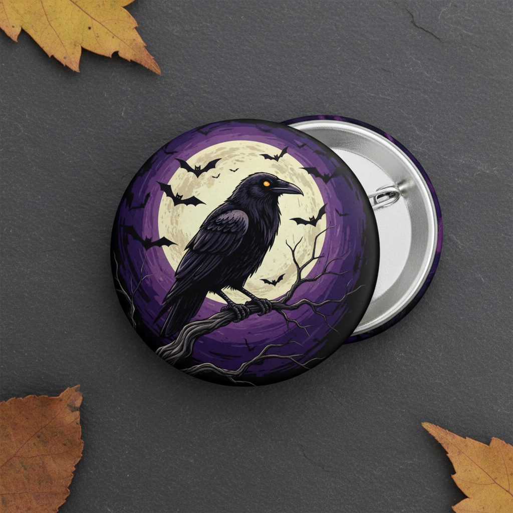 A round pin-back button badge featuring a black raven perched on a branch against a purple full moon and bats background, shown with the metal backing visible on a dark gray surface with scattered autumn leaves.