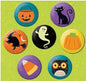 Set of 7 round Halloween pinback buttons with spooky pumpkin, cat, ghost, and bats designs