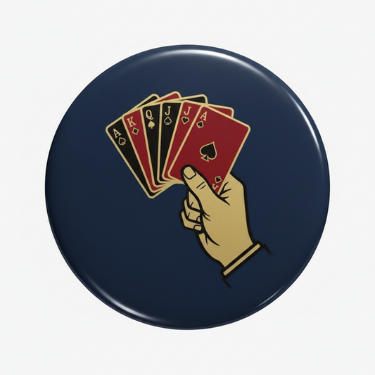 2.25-inch hand of cards pinback button with playing card fan and hand graphic