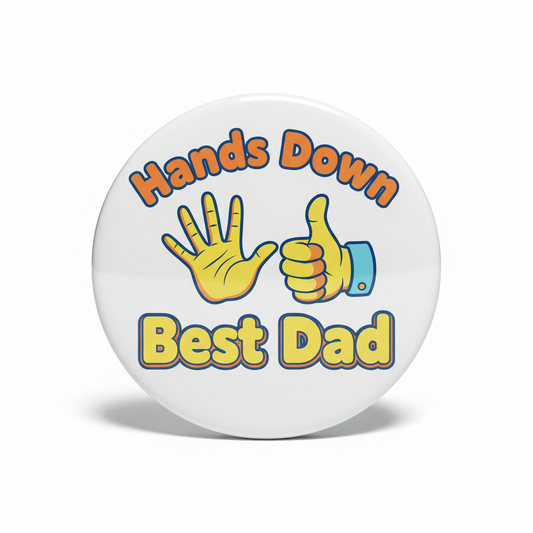 2.25-inch white pinback button with “Hands Down Best Dad” and hand/thumb graphic