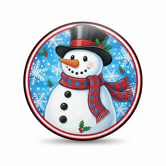 Festive snowman button pinback, circular design with red plaid scarf and top hat