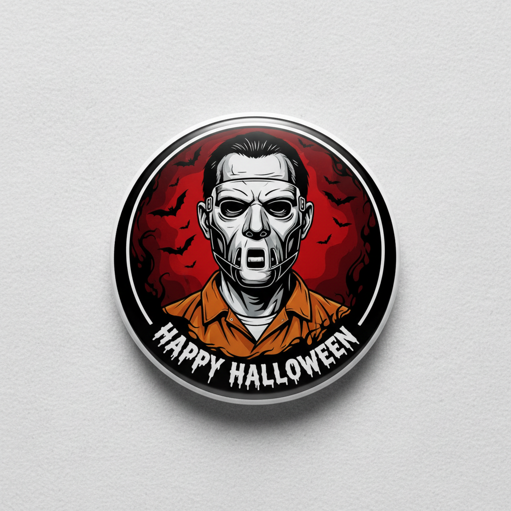 Happy Halloween Pin Button badge with Hannibal Lecter-style zombie face, orange and red