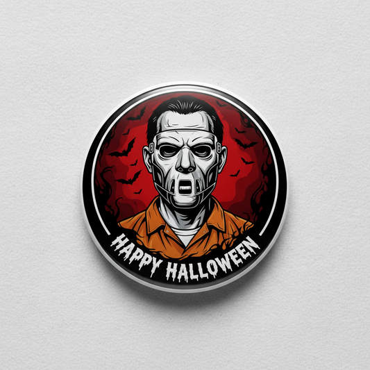 Happy Halloween pinback badge with Hannibal Lecter-style zombie face, orange and red