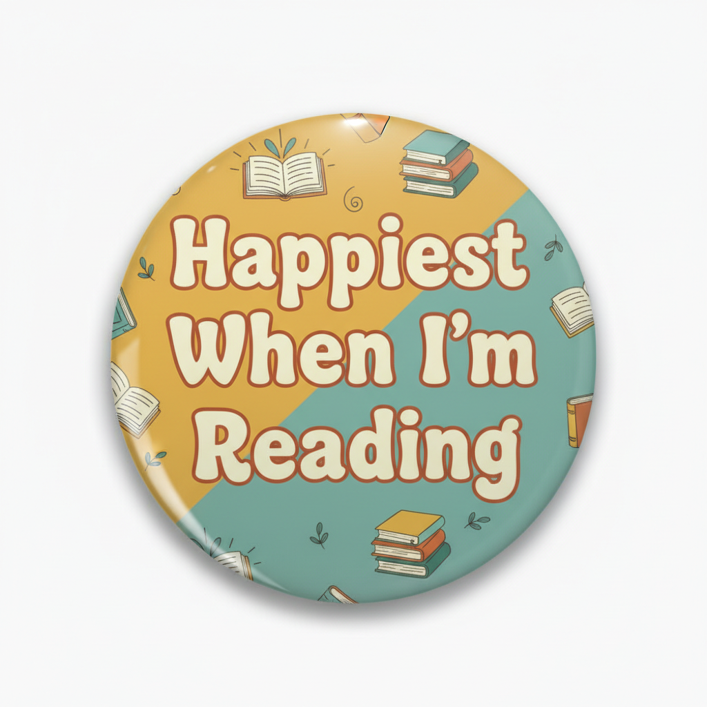 2.25-inch pinback button: 'Happiest When I’m Reading' with books