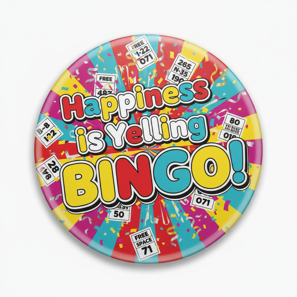 Round pinback button with colorful “Happiness is Yelling BINGO!” text