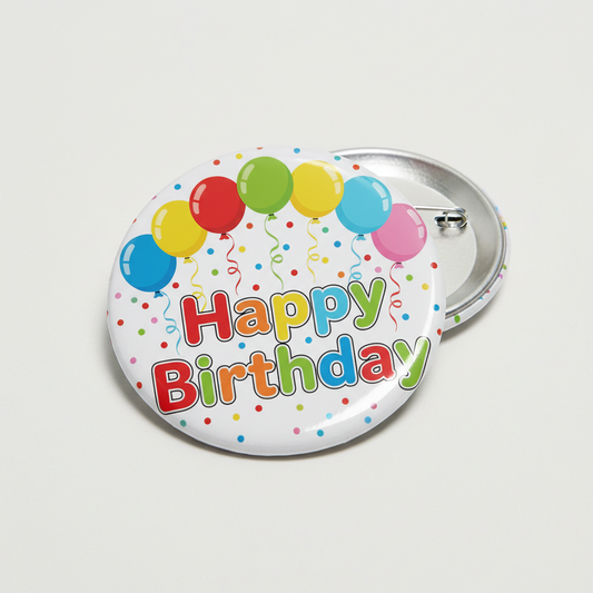 Happy Birthday balloons button pin with colorful balloons and red/blue Happy Birthday text