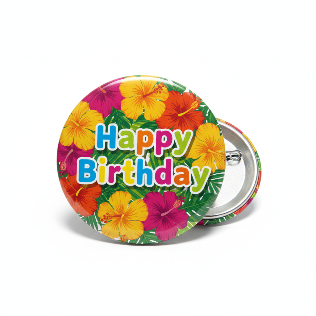 Happy Birthday Tropical Hawaiian Hibiscus Flowers Pinback 2.25-inch