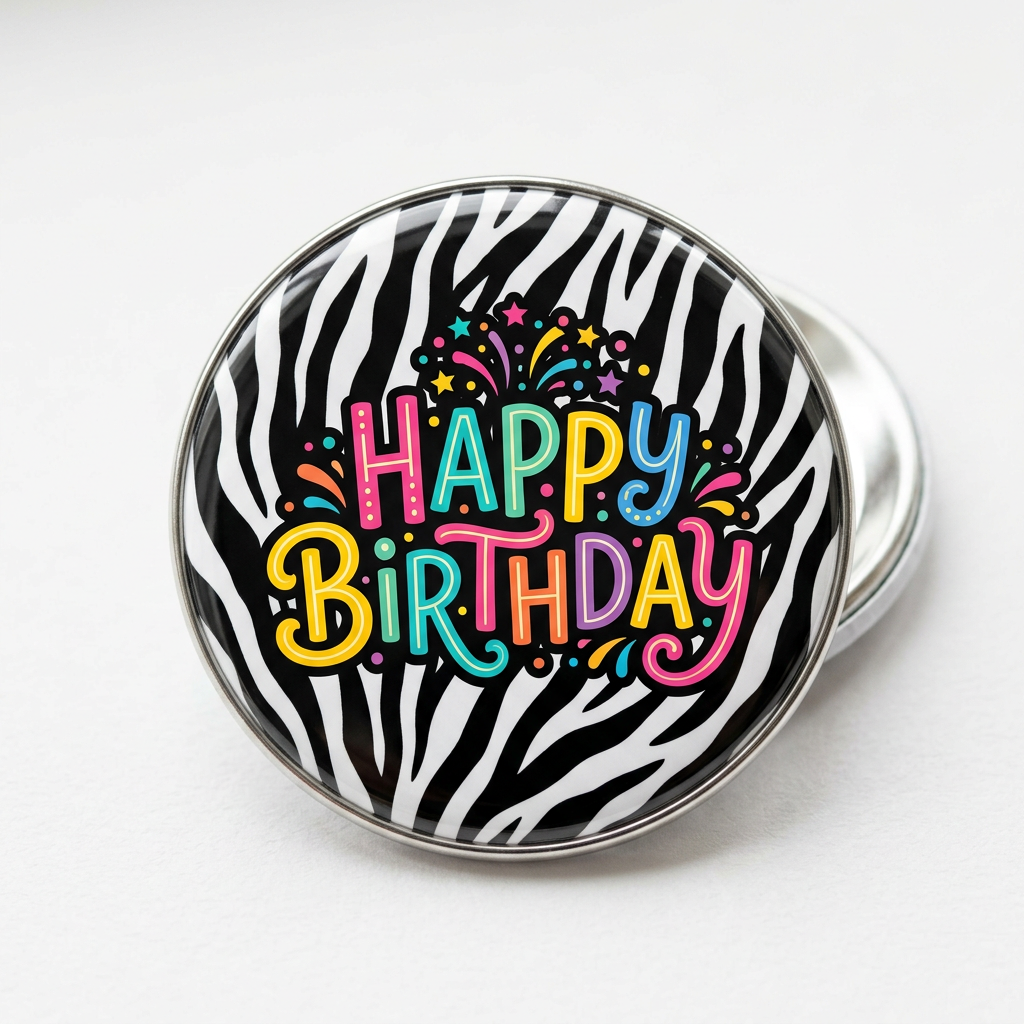 Happy Birthday Zebra Pattern Pin Button 2.25-inch
