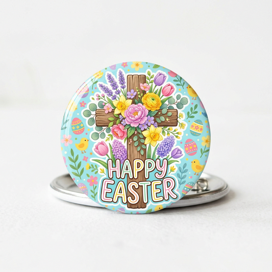 Happy Easter Cross Pin Button 2.25-inch