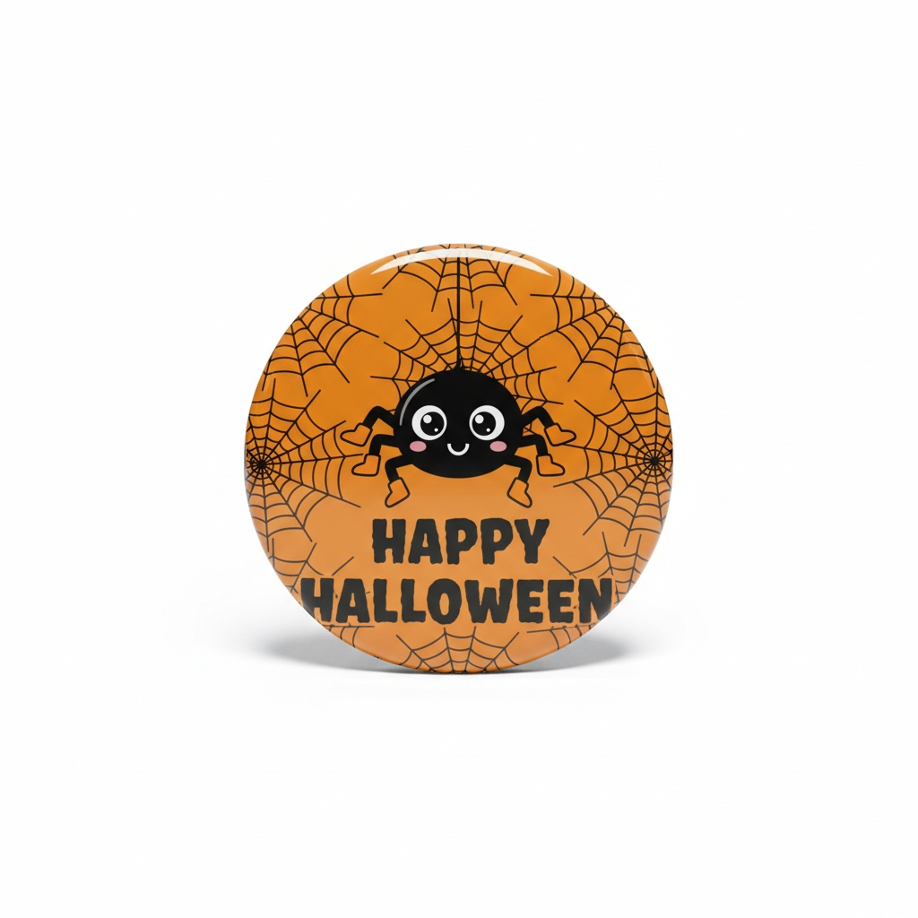 A round Halloween-themed button badge featuring a cute black spider on an orange spiderweb background with the text 'HAPPY HALLOWEEN' in black, shown on a clean white background.