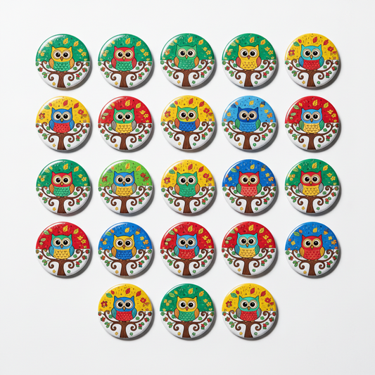 Round cartoon owl pinback buttons set, colorful tree and nature design