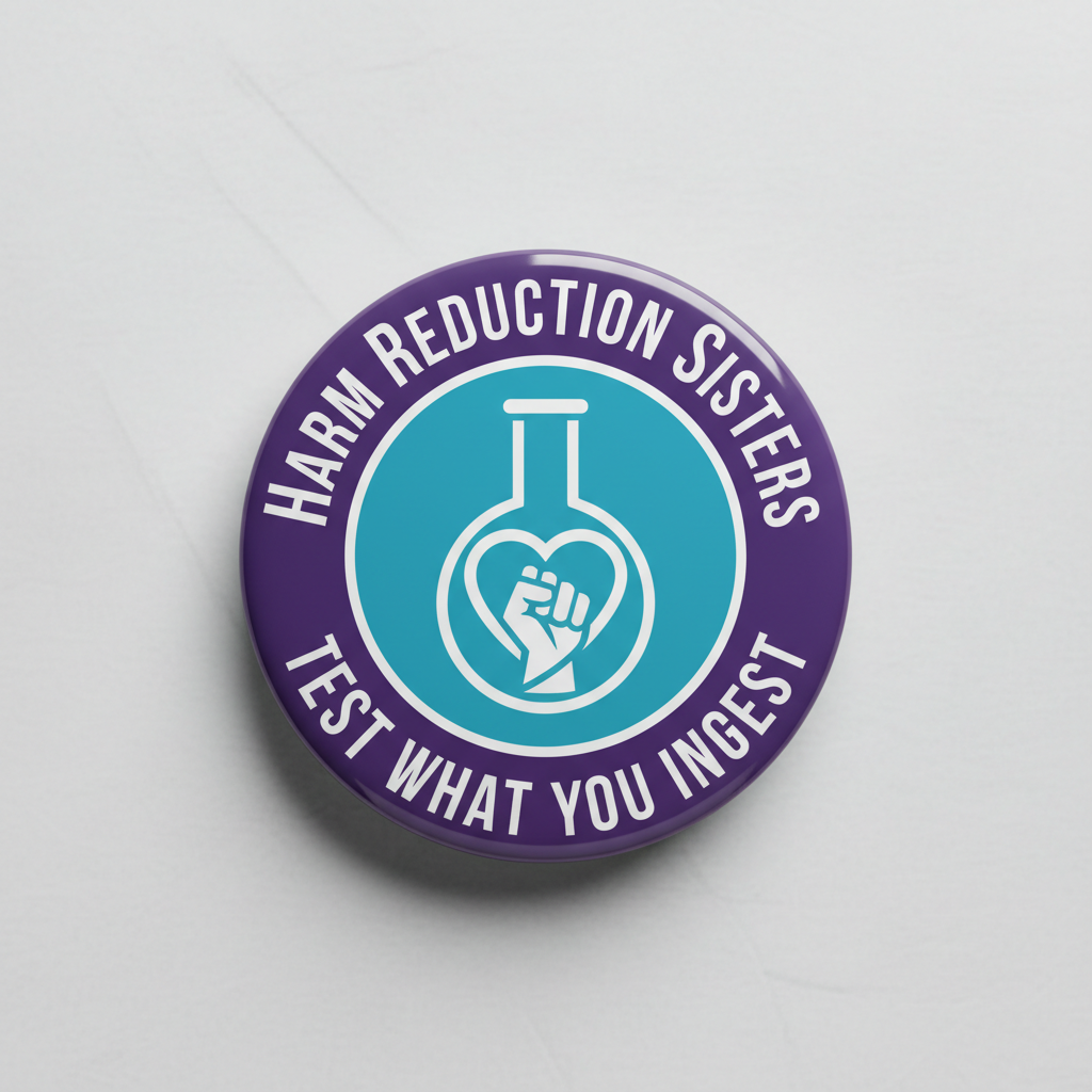 2.25-inch round pinback button, purple and teal, harm reduction sisters text