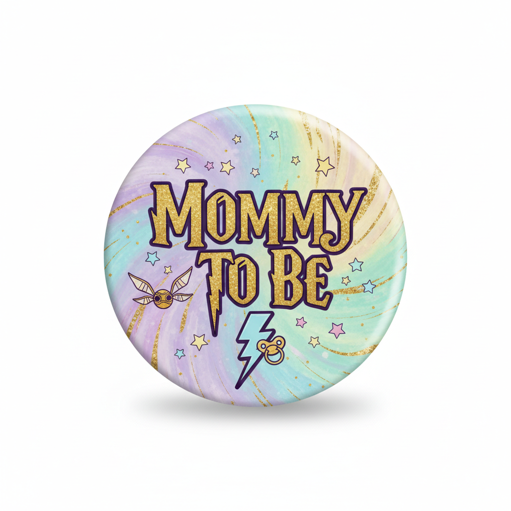 2.25-inch round pinback button with “Mommy to Be” text, stars and wand graphic