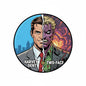 Cartoon pinback button, circular design with Harvey Dent and Two-Face split faces