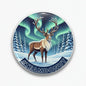 Reindeer pinback button with teal aurora, snow, and TEAMDONUT lettering