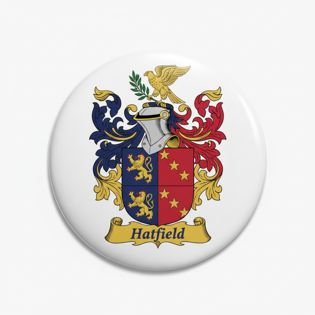Round 3-inch pinback button with colorful Hatfield coat of arms crest and shield design.