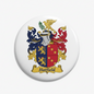 Round 3-inch pinback button with colorful Hatfield coat of arms crest and shield design.