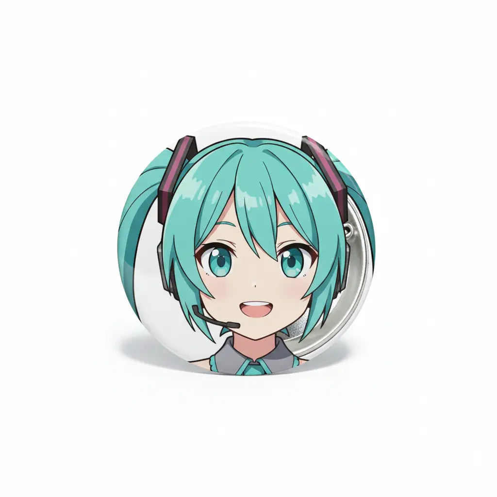 Hatsune Miku face pinback button with teal hair and headset, round enamel-style design