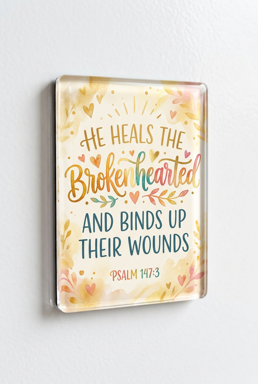 He heals the brokenhearted and binds up their wounds Acrylic Fridge Magnetic 3-inch x 4-inch