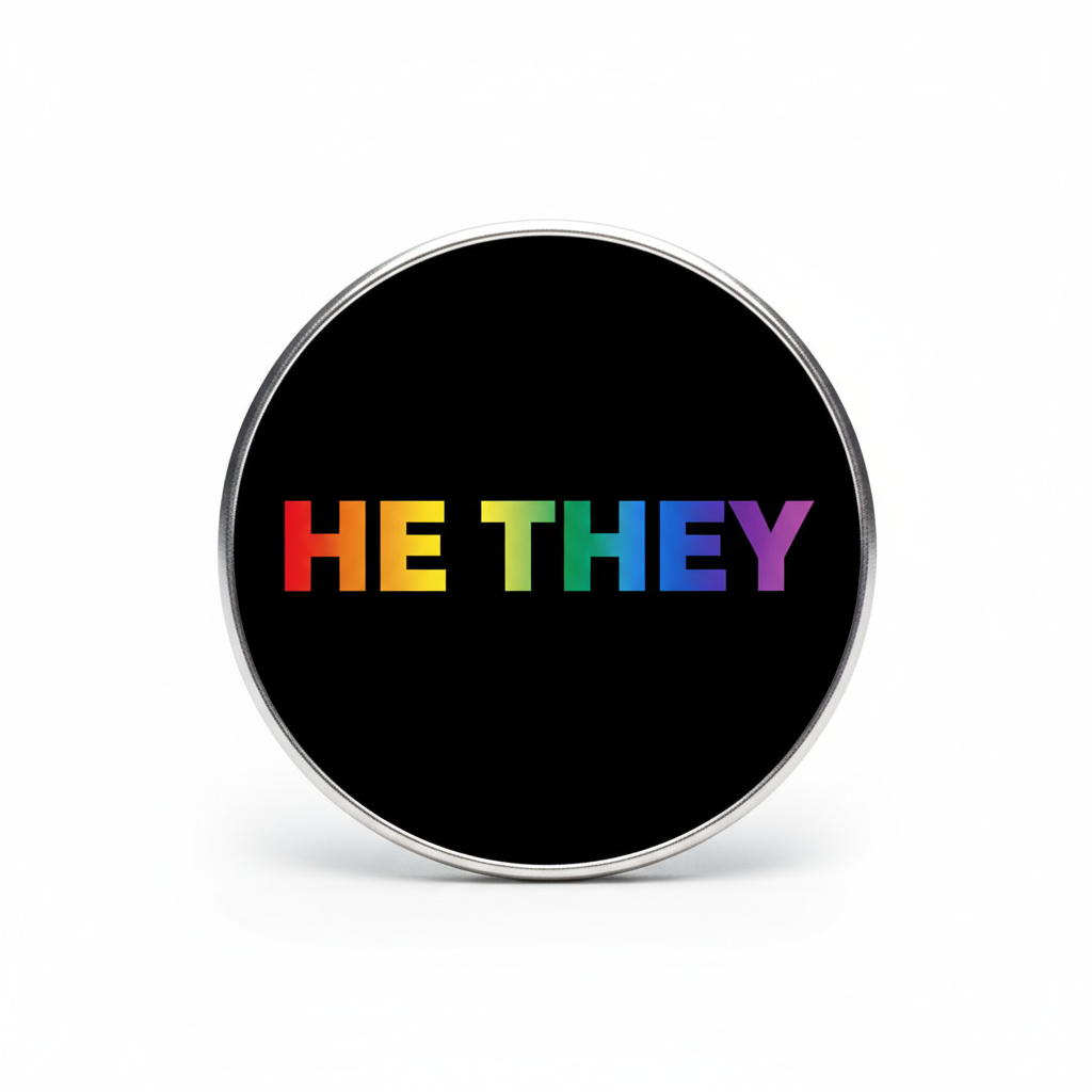 HE THEY Pronouns Colorful Rainbow Circle Black Pinback 2.25-inch