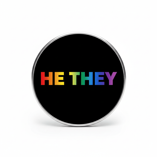 HE THEY Pronouns Colorful Rainbow Circle Black Pinback 2.25-inch - My Pinbacks