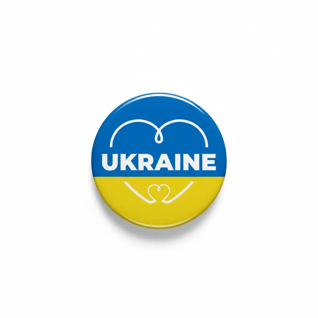 Round Ukraine pinback button, blue and yellow with heart and UKRAINE text