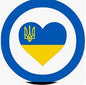 Circular heart-shaped pinback button with blue trident over yellow-and-blue heart flag