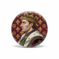 Henry V portrait pinback badge, round maroon and gold fleur-de-lis design