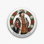 Round Henry VIII portrait pinback button with red and blue patterned royal coat