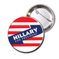Round campaign button pin with red-white stripes and blue Hillary for President text