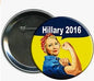 Round Hillary 2016 pinback button with Rosie-style woman in blue flexing fist