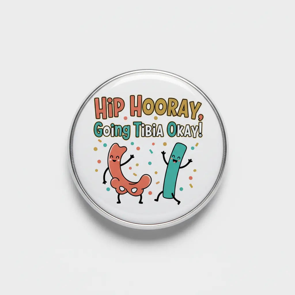 Round pinback button with cartoon cat, dinosaur, and bold 'HIP HOORAY' text