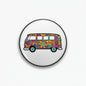 Round 2.25-inch pinback button with colorful hippie bus graphic