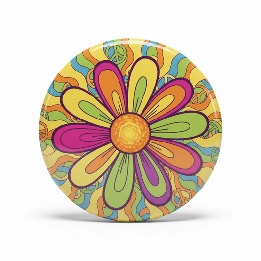2.25-inch round pinback button with colorful flower and peace symbol graphic