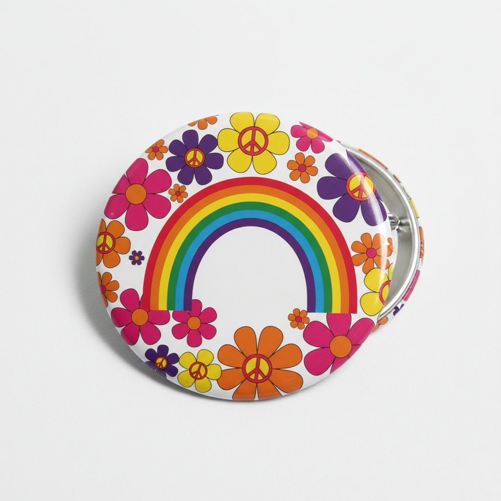 Hippie Flowers and Rainbow button Pinback 2.25-inch