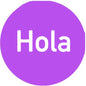 1.25-inch Spanish pinback button, purple with white 'Hola' lettering